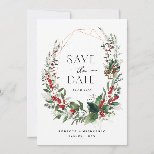 Elegant Winter Berries Greenery Wedding Photo Save The Date (Voorkant)