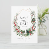 Elegant Winter Berries Greenery Wedding Photo Save The Date (Staand voorkant)