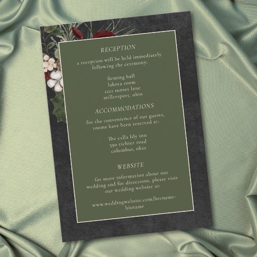 Elegant Winter Berries & Pine Black Wedding Informatiekaartje