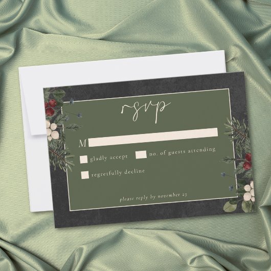 Elegant Winter Berries & Pine Black Wedding RSVP Kaartje