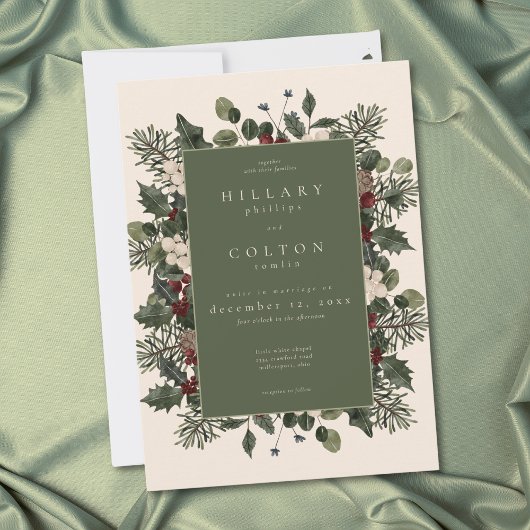 Elegant Winter Berries & Pine Ivory Wedding Kaart