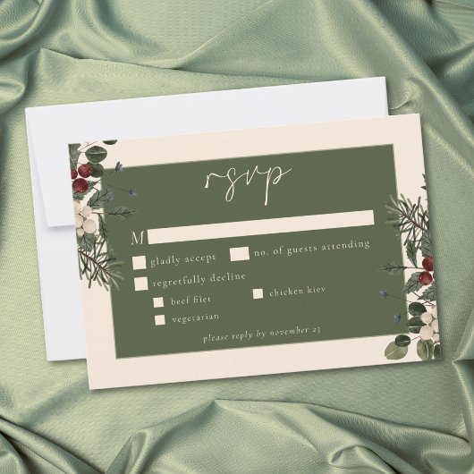 Elegant Winter Berries & Pine Ivory Wedding RSVP Kaartje