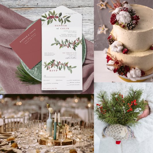 Elegant Winter Berries Red Green Waterverf All In One Uitnodiging