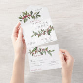 Elegant Winter Berries Red Green Waterverf All In One Uitnodiging (Afscheurbaar)