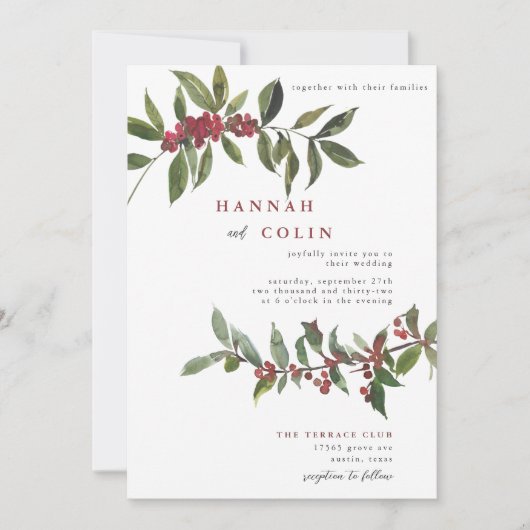 Elegant Winter Berries Red Green Waterverf Kaart (Voorkant)