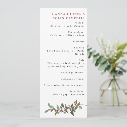 Elegant Winter Berries Red Green Waterverf Programmakaart (Staand voorkant)