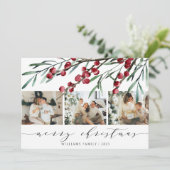Elegant Winter Berry Script Christmas Three Foto Feestdagenkaart (Staand voorkant)