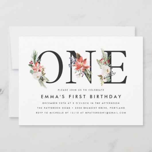 Elegant Winter Bloemen 1e Verjaardagsfeest Kaart (Voorkant)