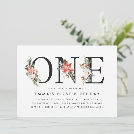 Elegant Winter Bloemen 1e Verjaardagsfeest Kaart (Staand voorkant)
