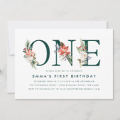 Elegant Winter Bloemen Groen 1e Verjaardagsfeest Kaart (Voorkant)