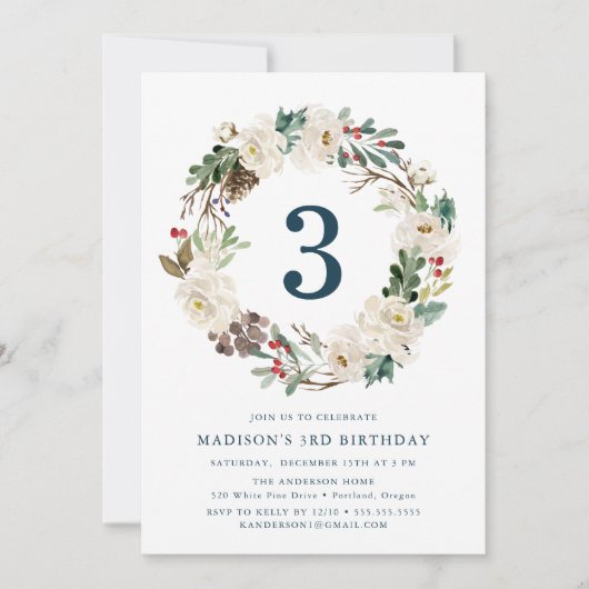 Elegant Winter Bloemen Krans Navy Verjaardagsfeest Kaart (Voorkant)