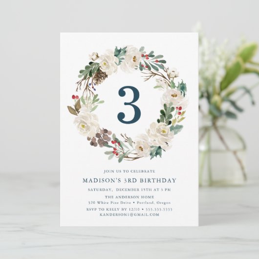 Elegant Winter Bloemen Krans Navy Verjaardagsfeest Kaart (Staand voorkant)