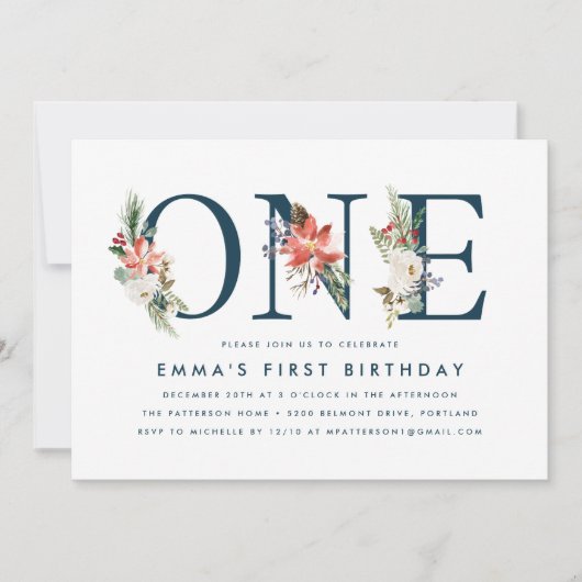 Elegant Winter Bloemen Navy 1e Verjaardagsfeest Kaart (Voorkant)