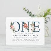 Elegant Winter Bloemen Navy 1e Verjaardagsfeest Kaart (Staand voorkant)