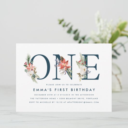 Elegant Winter Bloemen Navy 1e Verjaardagsfeest Kaart (Staand voorkant)