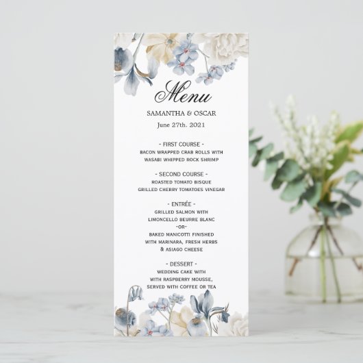 Elegant Winter Blue en White Flowers Menu (Staand voorkant)