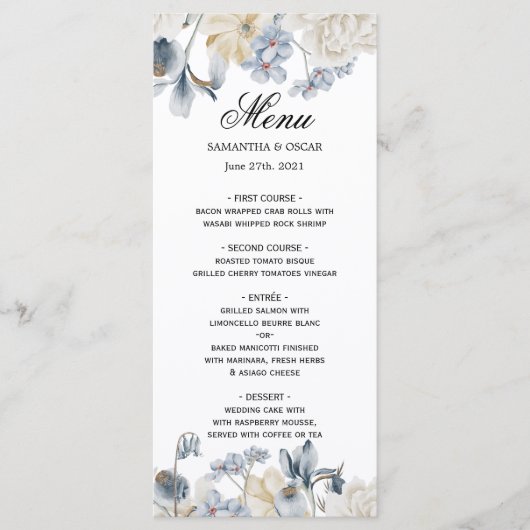 Elegant Winter Blue en White Flowers Menu (Voorkant)