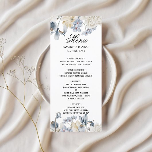 Elegant Winter Blue en White Flowers Menu