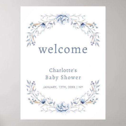 Elegant Winter Blue Floral Baby shower Welkom Poster (Voorkant)