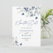 Elegant Winter Blue Foliage Boho Wedding QR code Save The Date (Staand voorkant)