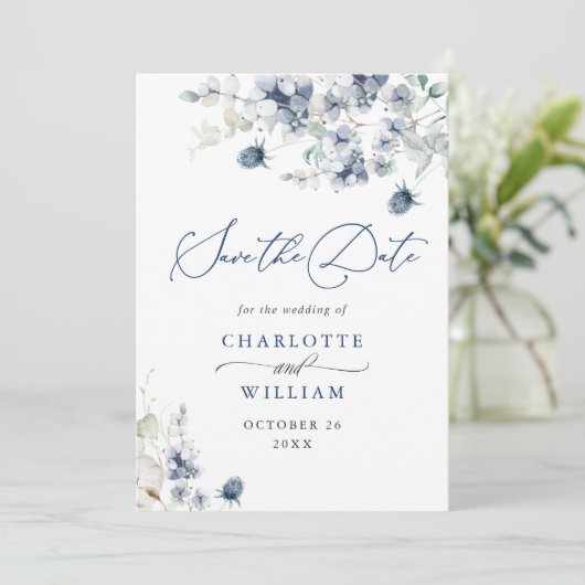 Elegant Winter Blue Foliage Boho Wedding QR code Save The Date (Staand voorkant)