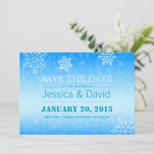 Elegant Winter Blue Snowflakes Save the Date (Staand voorkant)