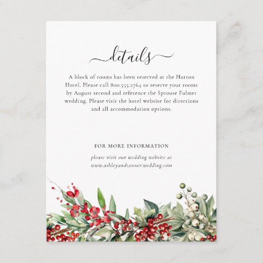 Elegant Winter Botanical Christmas Holiday Wedding Informatiekaartje (Voorkant)