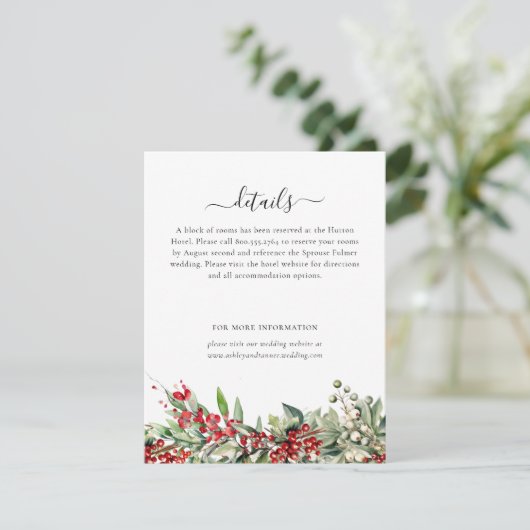 Elegant Winter Botanical Christmas Holiday Wedding Informatiekaartje (Staand voorkant)