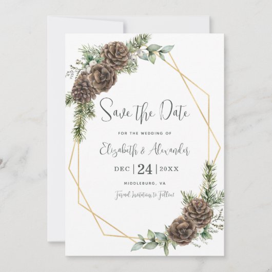Elegant Winter Botanical Pine Wedding Save The Date (Voorkant)