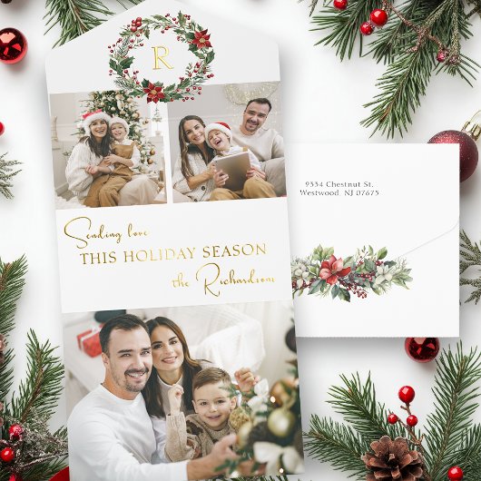 Elegant Winter Botanical Wreath 2-Photo Foil All In One Uitnodiging