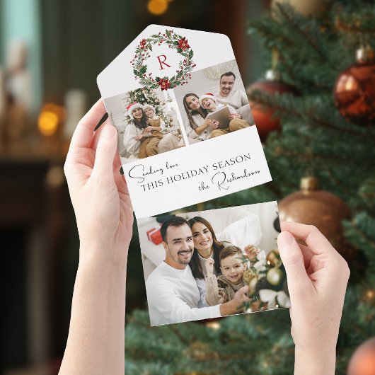 Elegant Winter Botanical Wreath w/Monogram 2-Photo All In One Uitnodiging