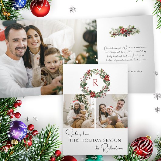 Elegant Winter Botanical Wreath w/Monogram 2-Photo Drieluik Wenskaart