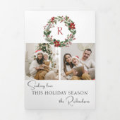 Elegant Winter Botanical Wreath w/Monogram 2-Photo Drieluik Wenskaart (Cover)