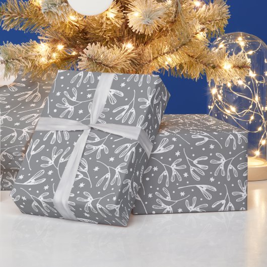 Elegant Winter Botanicals Grey & White Mistletoe Cadeaupapier (Feestdagen)