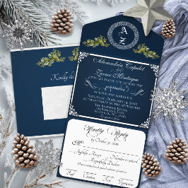 Elegant Winter Botanisch Monogram - Blauw All In One Uitnodiging