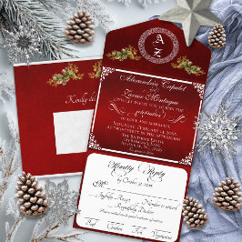 Elegant Winter Botanisch Monogram - Rood All In One Uitnodiging