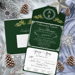 Elegant Winter Botanisch Monogram - Smaragd All In One Uitnodiging