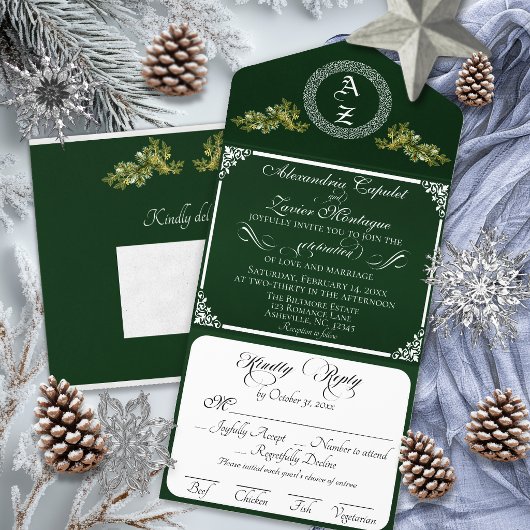 Elegant Winter Botanisch Monogram - Smaragd All In One Uitnodiging