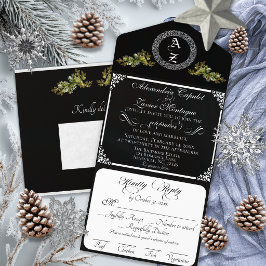 Elegant Winter Botanisch Monogram - Zwart All In One Uitnodiging
