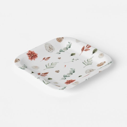 Elegant Winter Botanisch Rood Bloemen Vrijgezellen Papieren Bordje (Gebogen)