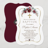 Elegant Winter Burgundy Floral Pine Gold Baptisme Kaart (Voorkant / Achterkant)