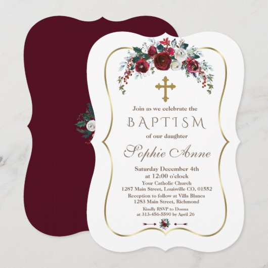 Elegant Winter Burgundy Floral Pine Gold Baptisme Kaart (Voorkant / Achterkant)