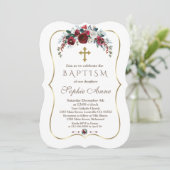 Elegant Winter Burgundy Floral Pine Gold Baptisme Kaart (Staand voorkant)