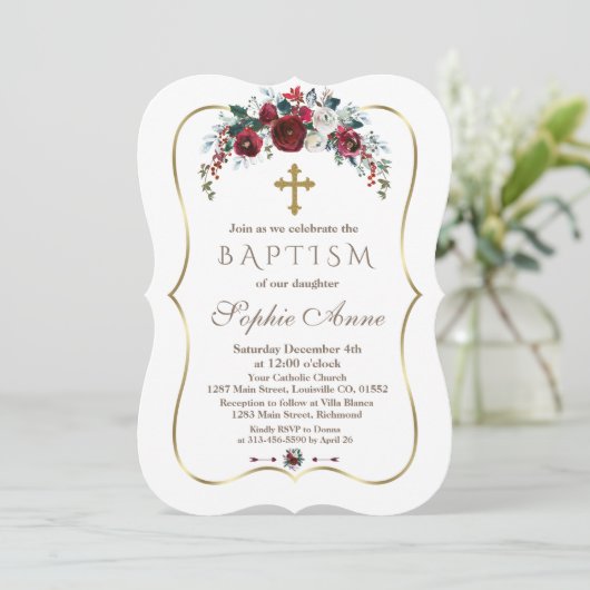 Elegant Winter Burgundy Floral Pine Gold Baptisme Kaart (Staand voorkant)