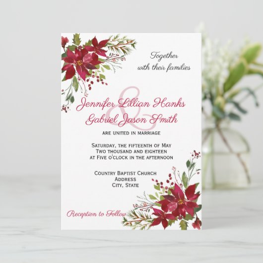 Elegant Winter Burgundy Poinsettia Floral Wedding Kaart (Staand voorkant)