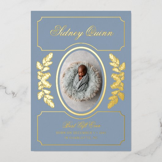 Elegant Winter Christmas Blue New Baby Birth Folie Feestdagenkaart (Voorkant)
