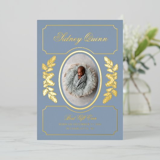 Elegant Winter Christmas Blue New Baby Birth Folie Feestdagenkaart (Staand Voorkant)