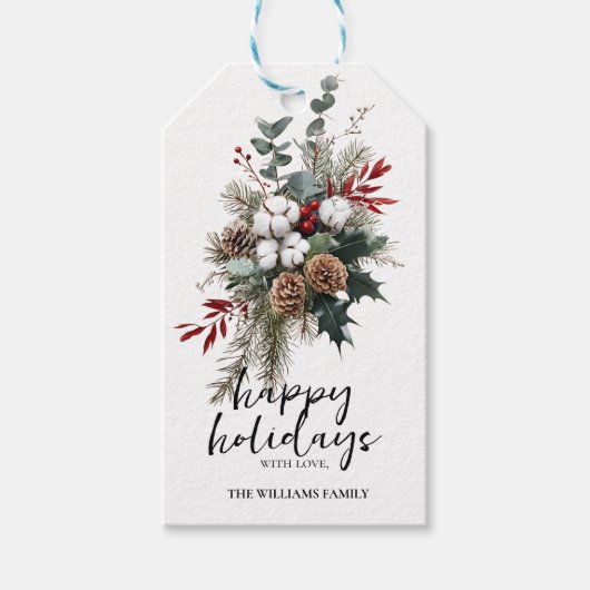 Elegant Winter Cotton & Pinecone Holiday Gift Tag Cadeaulabel (Voorkant)