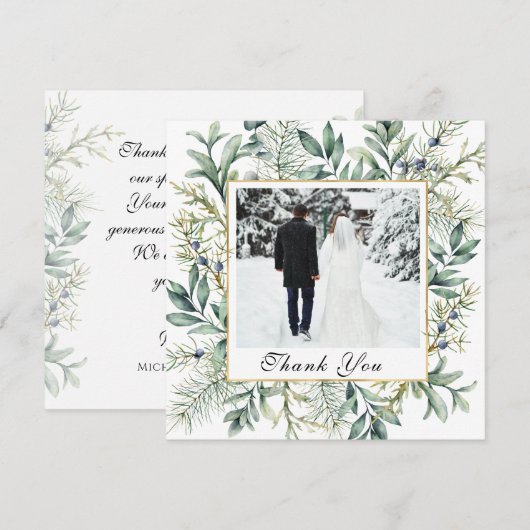 Elegant Winter Evergreen Eucalyptus Photo Weddensc Bedankkaart (Voorkant / Achterkant)