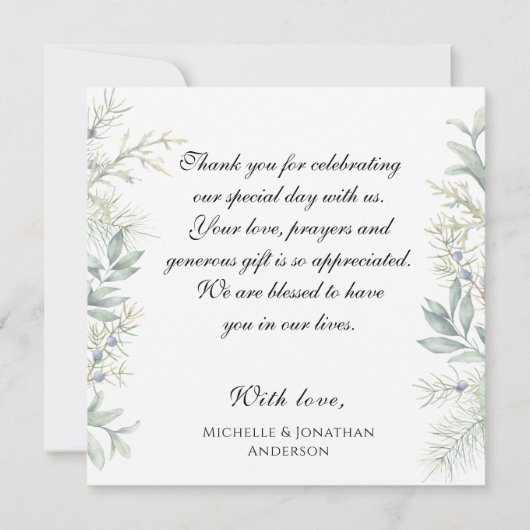Elegant Winter Evergreen Eucalyptus Photo Weddensc Bedankkaart (Achterkant)